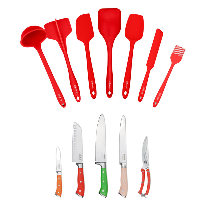 Elihome 5pcs Knife Set and 7 Piece Silicone Cooking Utensil Set