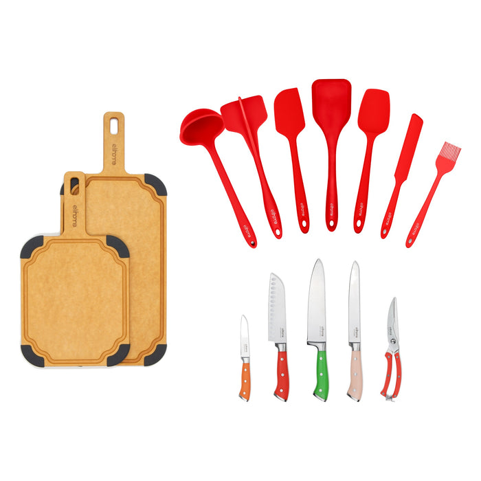 Elihome 2pcs Paddle Cutting Board Set, 5pcs Knife Set and  7 Piece Silicone Cooking Utensil Set