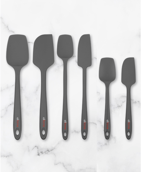 Elihome 6-piece silicone spatula set in Grey (Charcoal). Includes classic, skinny, and mini spatulas and spoonulas. Features a seamless design with red logo accents, perfect for modern minimalist kitchens.
