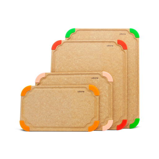Elihome Premium Series 4-piece wood fiber cutting board set in graduated sizes with colorful non-slip silicone corner feet in green, red, pink, and orange
