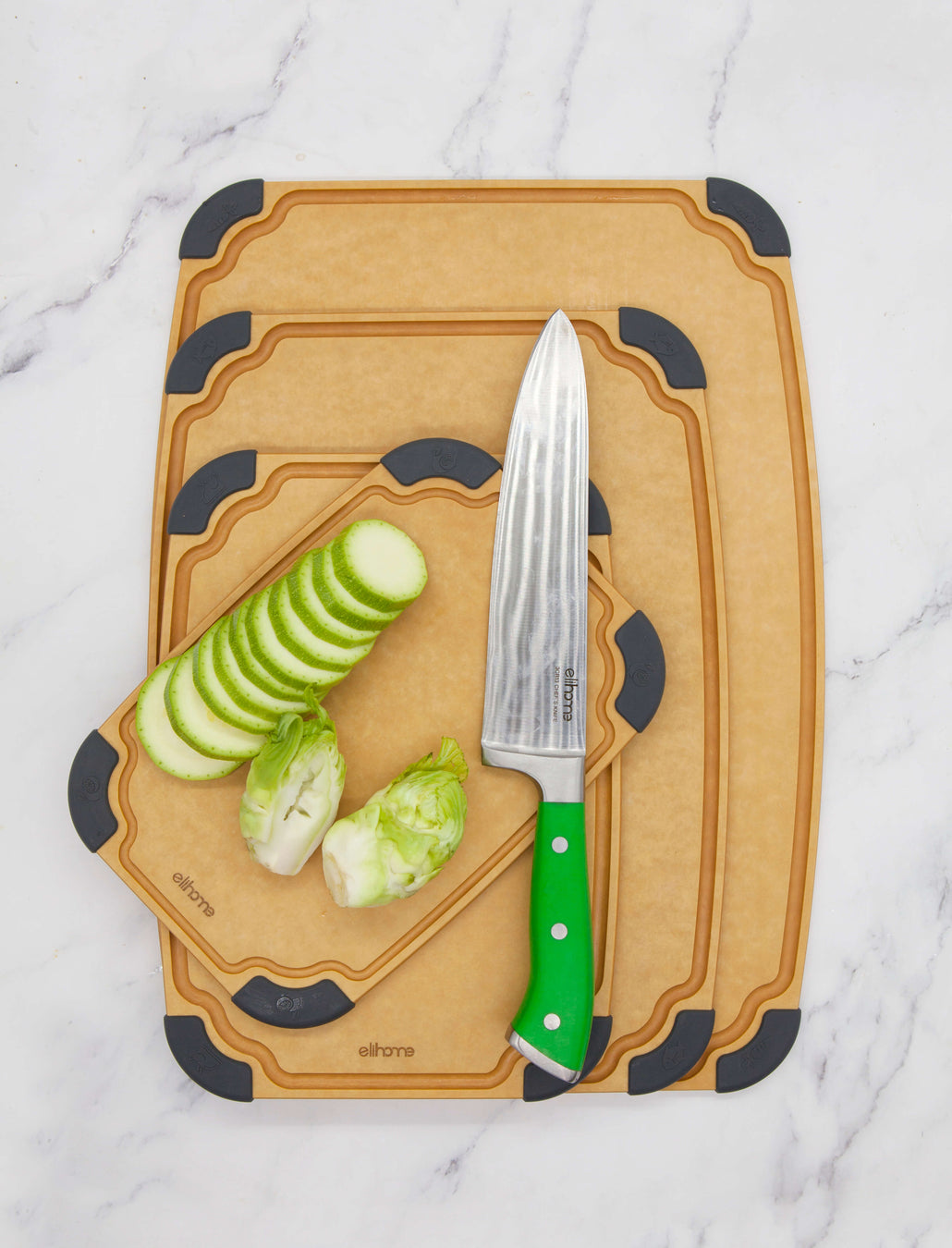 Elihome Essential Series 4-piece cutting board set with gray silicone corners and chef knife
