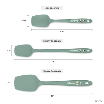 Measurement chart of blue spoonulas with dimensions and 'elthome' branding.