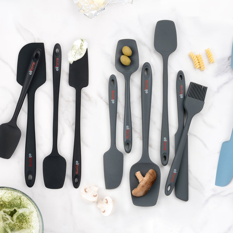 Elihome silicone kitchen utensil sets available in 6 colors including red, black, gray, blue, and green