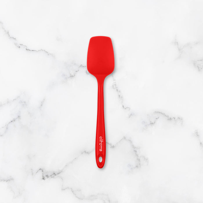 Elihome red silicone spoon spatula on marble background - heat-resistant, BPA-free, one-piece seamless design for easy cleaning