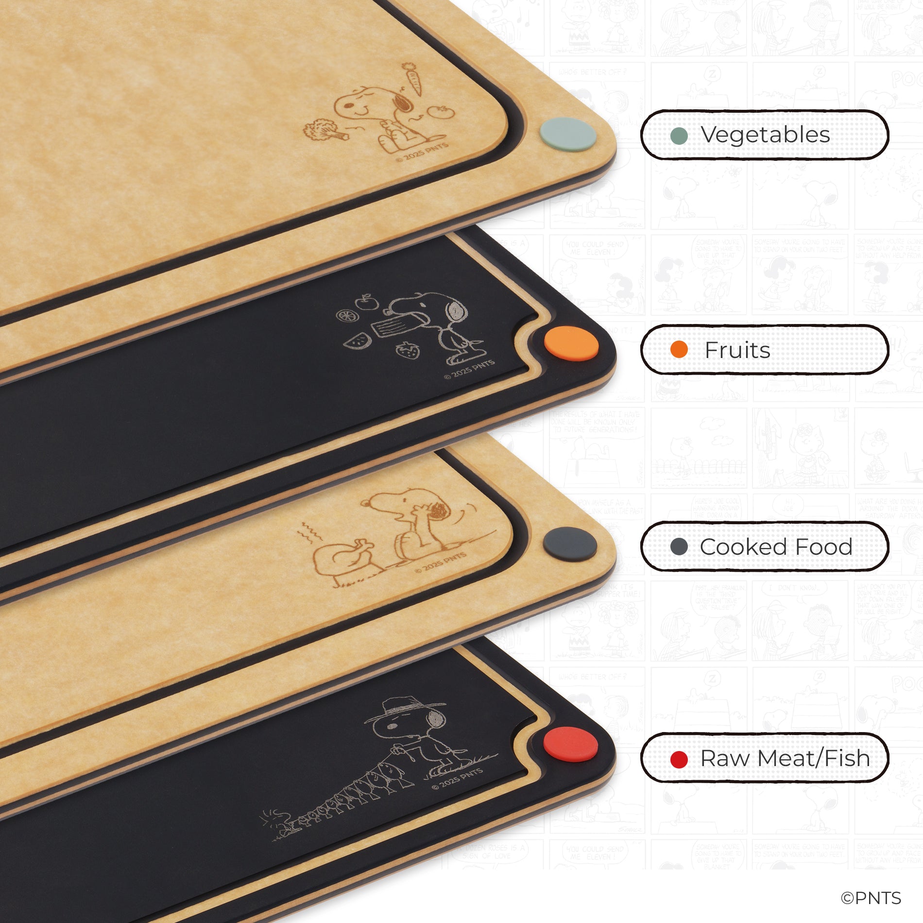 Four food preparation mats with different labels for food categories on a white background.