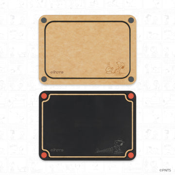 Two cutting boards, one beige and one black, with a brand logo on a light gray background.