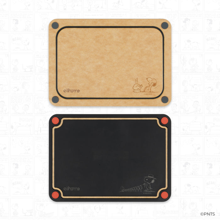 Two cutting boards, one beige and one black, with a brand logo on a light gray background.