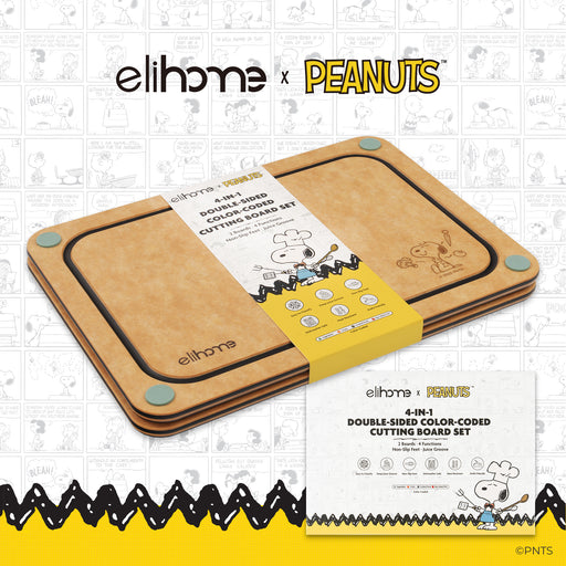 Elihome x Peanuts cutting board set with packaging on a white background