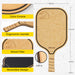 Wooden pickleball paddle with features highlighted and dimensions displayed.