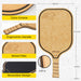 Pickleball paddle with features highlighted and dimensions displayed.