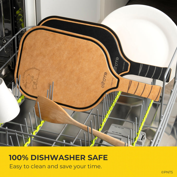 Two paddleball paddles with handles in a dishwasher, with text indicating they are dishwasher safe.