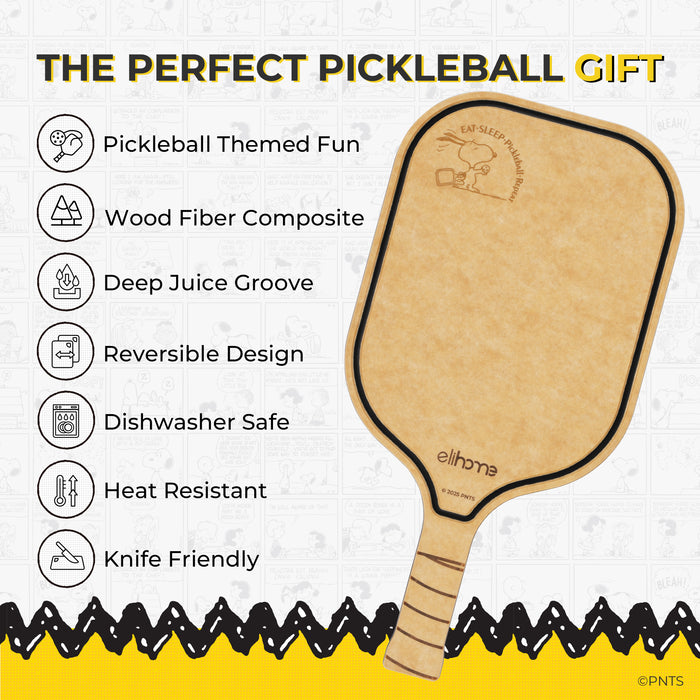 Pickleball paddle with features listed on a light background