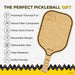 Pickleball paddle with features listed on a light background