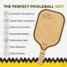 Wooden pickleball paddle with features listed on a white background