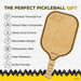 Pickleball paddle with features listed on a white background