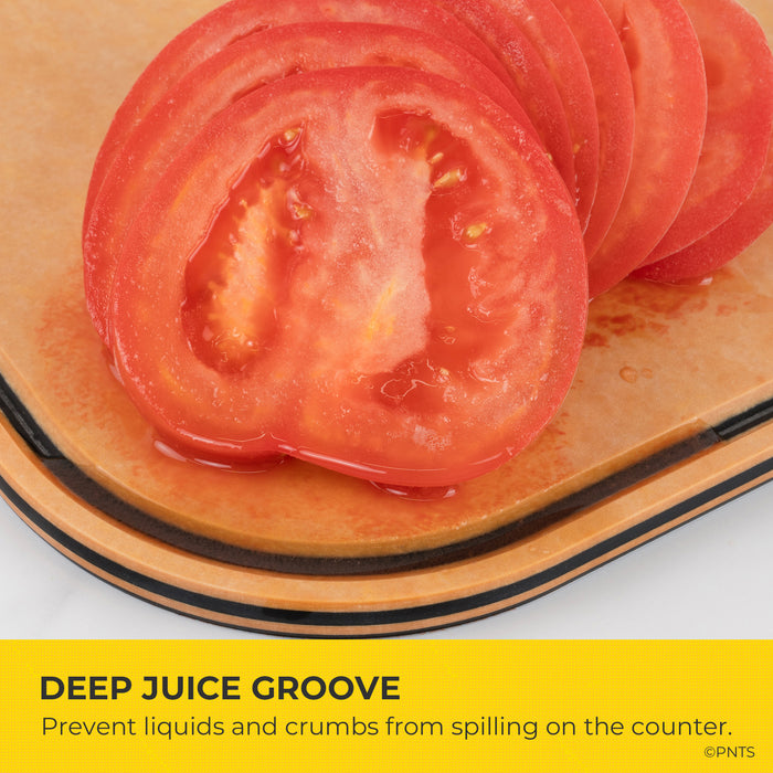 Sliced tomatoes on a wooden cutting board with a yellow accent and text.