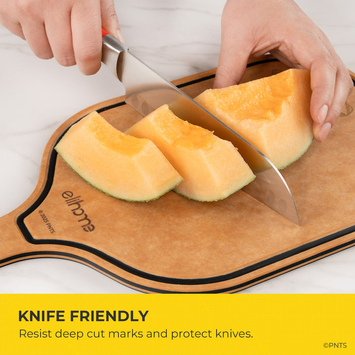 Person cutting melon on a knife-friendly cutting board with text highlighting its benefits.