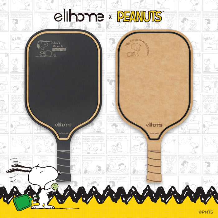 Two pickleball paddles with 'elihome' branding and a Snoopy illustration on a white background.