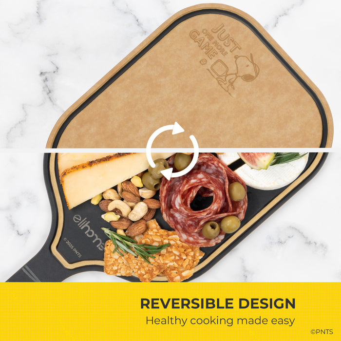 Reversible cutting board with food items on a marble background, featuring the brand 'Just Chopping'.