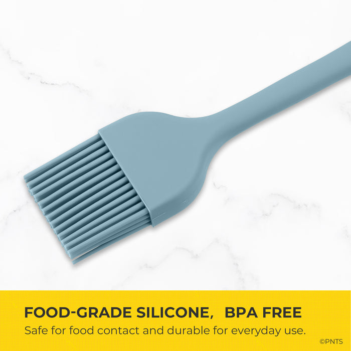Blue silicone brush on a white background with text about food-grade silicone and BPA freedom.