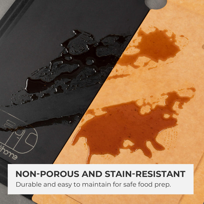 Close-up demonstration of Elihome wood fiber cutting boards showing liquids beading up on the surface to prove stain resistance. Graphic text reads: "Non-porous and stain-resistant. Durable and easy to maintain for safe food prep.