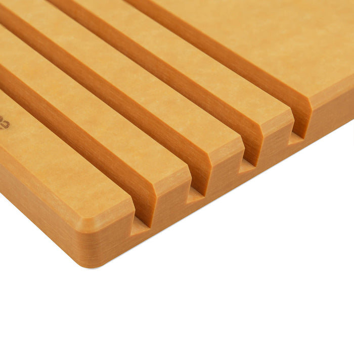 Elihome wood fiber cutting board organizer rack close-up showing slot detail and wood grain texture