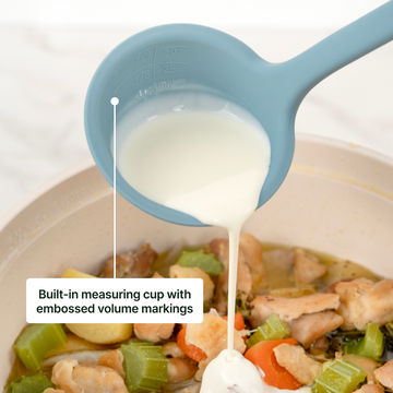 Elihome Classic Ladle in Teal Grey pouring cream into a pot, built-in measuring cup with embossed volume markings
