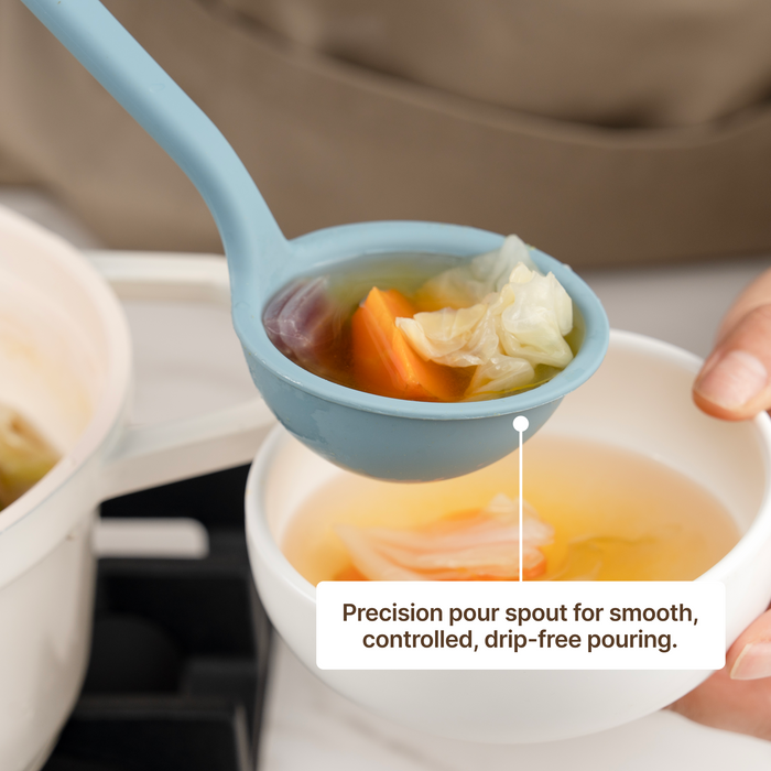 Elihome Classic Ladle in Teal Grey pouring broth into a bowl, precision pour spout for smooth controlled drip-free pouring