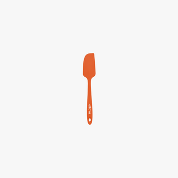 Elihome Mini Silicone Spatula in Orange, 8.7 inches by 1.5 inches with seamless one piece design, reinforced steel core and ergonomic non-slip handle
