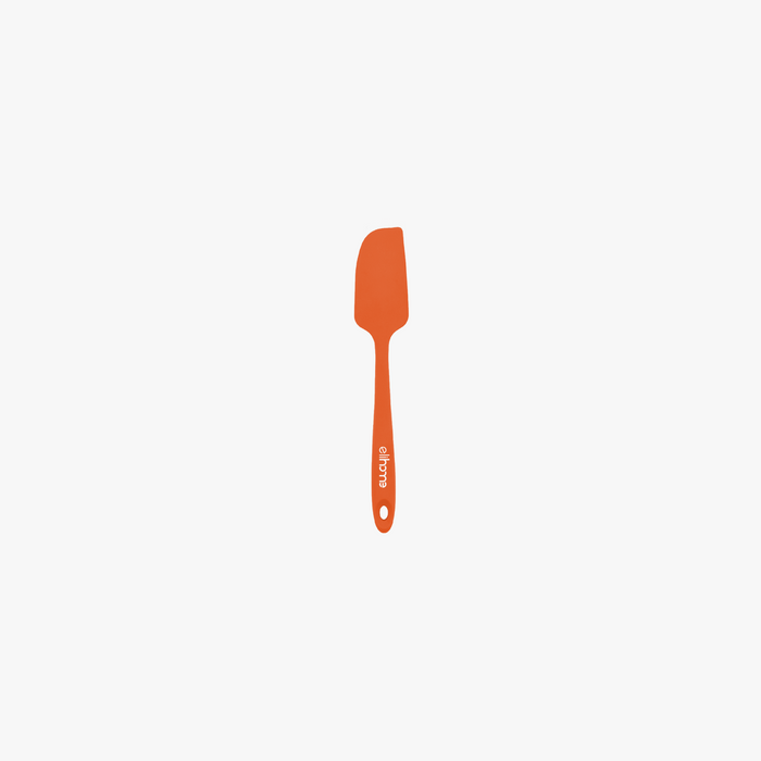 Elihome Mini Silicone Spatula in Orange, 8.7 inches by 1.5 inches with seamless one piece design, reinforced steel core and ergonomic non-slip handle