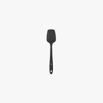 Elihome Mini Silicone Spoonula in Black, 8.75 inches by 1.8 inches with seamless one piece design, reinforced steel core and ergonomic non-slip handle