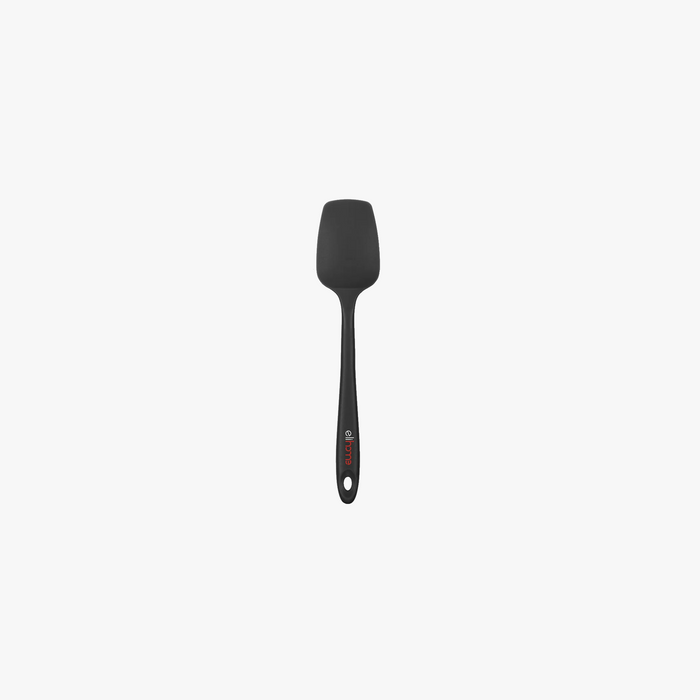 Elihome Mini Silicone Spoonula in Black, 8.75 inches by 1.8 inches with seamless one piece design, reinforced steel core and ergonomic non-slip handle