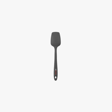 Elihome Mini Silicone Spoonula in Gray, 8.75 inches by 1.8 inches with seamless one piece design, reinforced steel core and ergonomic non-slip handle