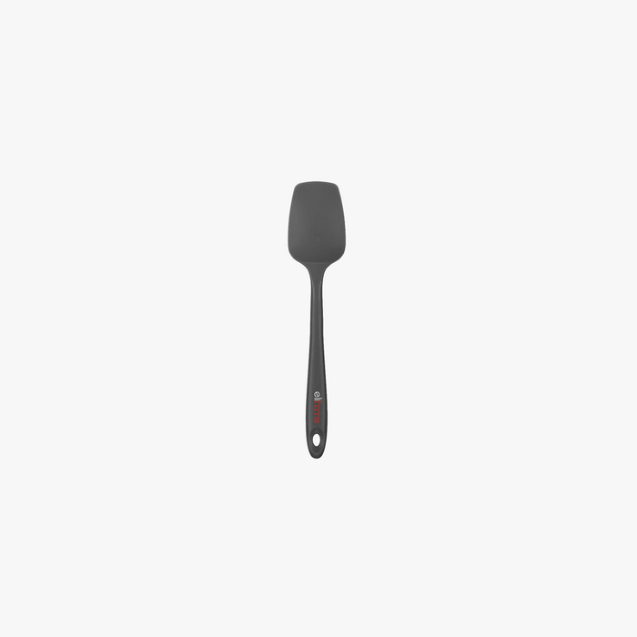 Elihome Mini Silicone Spoonula in Gray, 8.75 inches by 1.8 inches with seamless one piece design, reinforced steel core and ergonomic non-slip handle