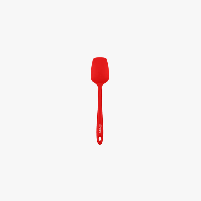 Elihome Mini Silicone Spoonula in Red, 8.75 inches by 1.8 inches with seamless one piece design, reinforced steel core and ergonomic non-slip handle