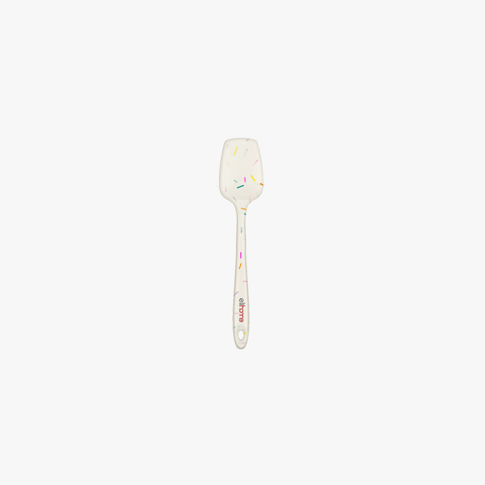 Elihome Mini Silicone Spoonula in Sprinkles, 8.75 inches by 1.8 inches with seamless one piece design, reinforced steel core and ergonomic non-slip handle