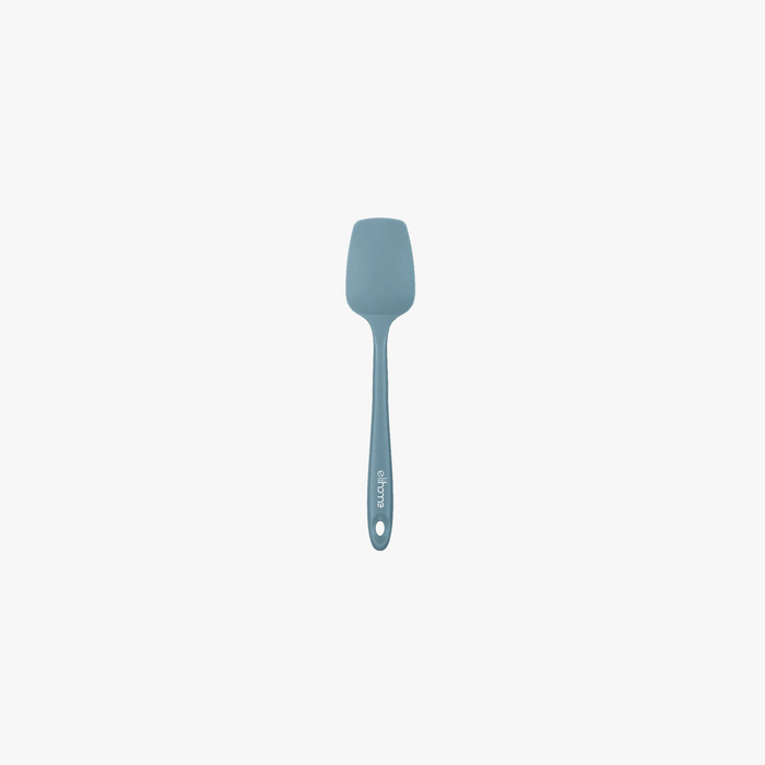 Elihome Mini Silicone Spoonula in Teal Grey, 8.75 inches by 1.8 inches with seamless one piece design, reinforced steel core and ergonomic non-slip handle