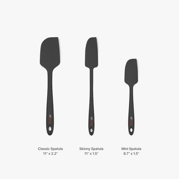 Elihome silicone spatula size comparison in Black, Classic 11 inches by 2.2 inches, Skinny 11 inches by 1.5 inches and Mini 8.7 inches by 1.5 inches