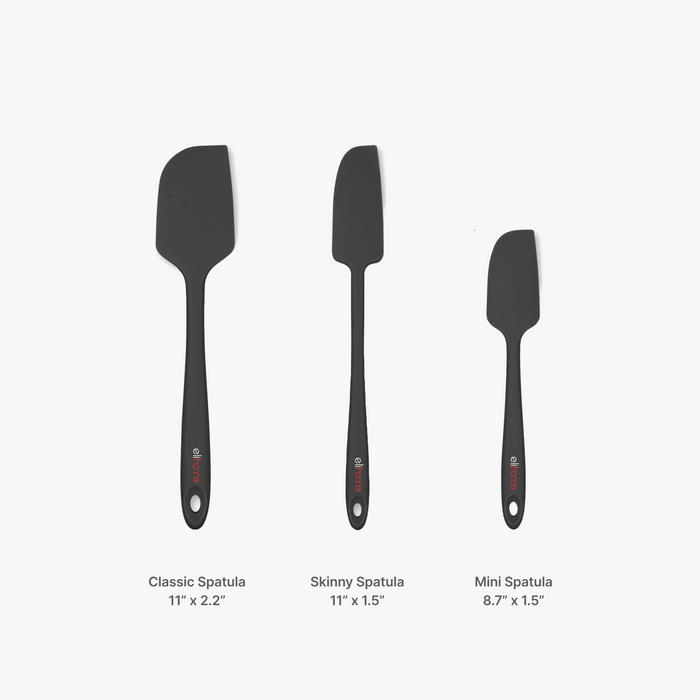 Elihome silicone spatula size comparison in Black, Classic 11 inches by 2.2 inches, Skinny 11 inches by 1.5 inches and Mini 8.7 inches by 1.5 inches
