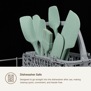 Elihome Sage Green silicone spatulas and spoonulas standing in a dishwasher rack, designed to go straight into the dishwasher for quick and hassle free cleanup