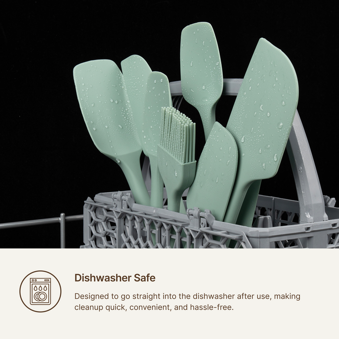 Elihome Sage Green silicone spatulas and spoonulas standing in a dishwasher rack, designed to go straight into the dishwasher for quick and hassle free cleanup