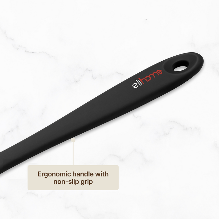 Close-up of an Elihome Black silicone utensil handle showing the elihome logo, ergonomic handle with non-slip grip and hanging hole