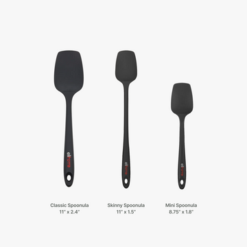 Elihome silicone spoonula size comparison in Black, Classic 11 inches by 2.4 inches, Skinny 11 inches by 1.5 inches and Mini 8.75 inches by 1.8 inches