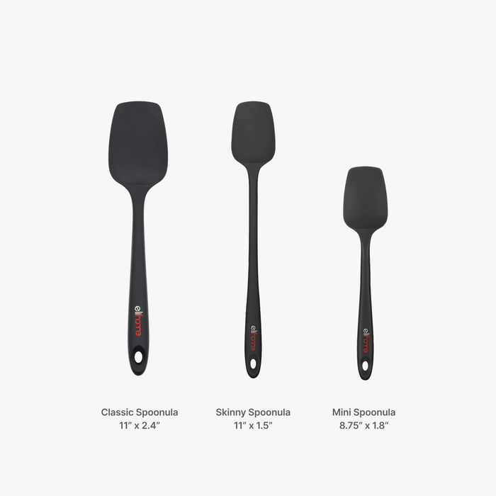 Elihome silicone spoonula size comparison in Black, Classic 11 inches by 2.4 inches, Skinny 11 inches by 1.5 inches and Mini 8.75 inches by 1.8 inches