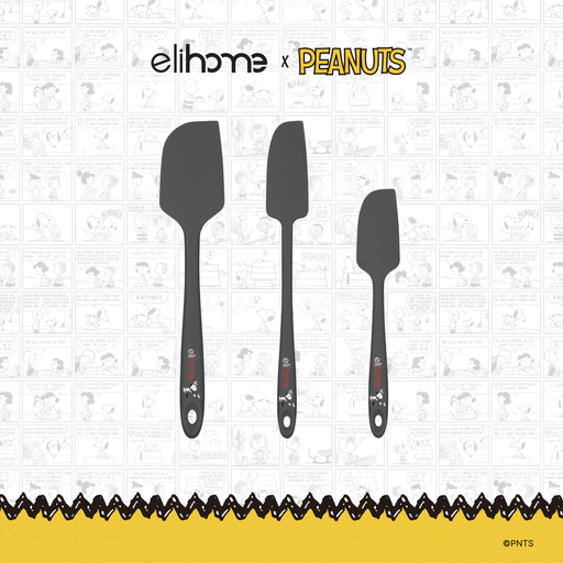 Elihome x Peanuts 3 Piece Silicone Spatula Set with Classic, Skinny and Mini spatulas in Grey with official Snoopy artwork on the handle