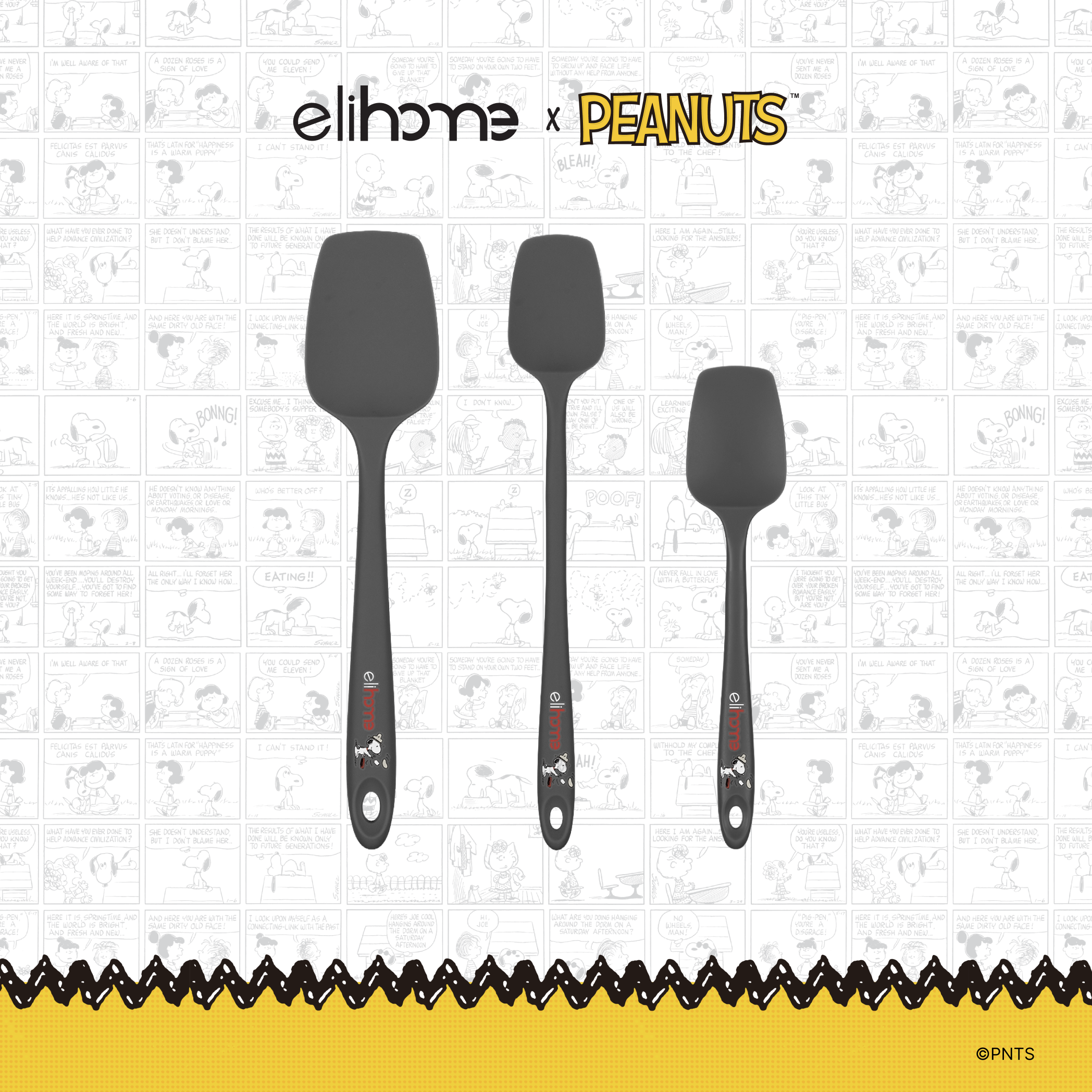 Elihome x Peanuts 3 Piece Silicone Spoonula Set with Classic, Skinny and Mini spoonulas in Grey with official Snoopy artwork on the handle