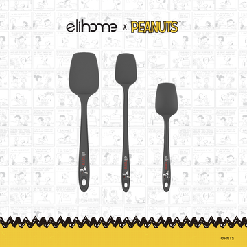 Elihome x Peanuts 3 Piece Silicone Spoonula Set with Classic, Skinny and Mini spoonulas in Grey with official Snoopy artwork on the handle