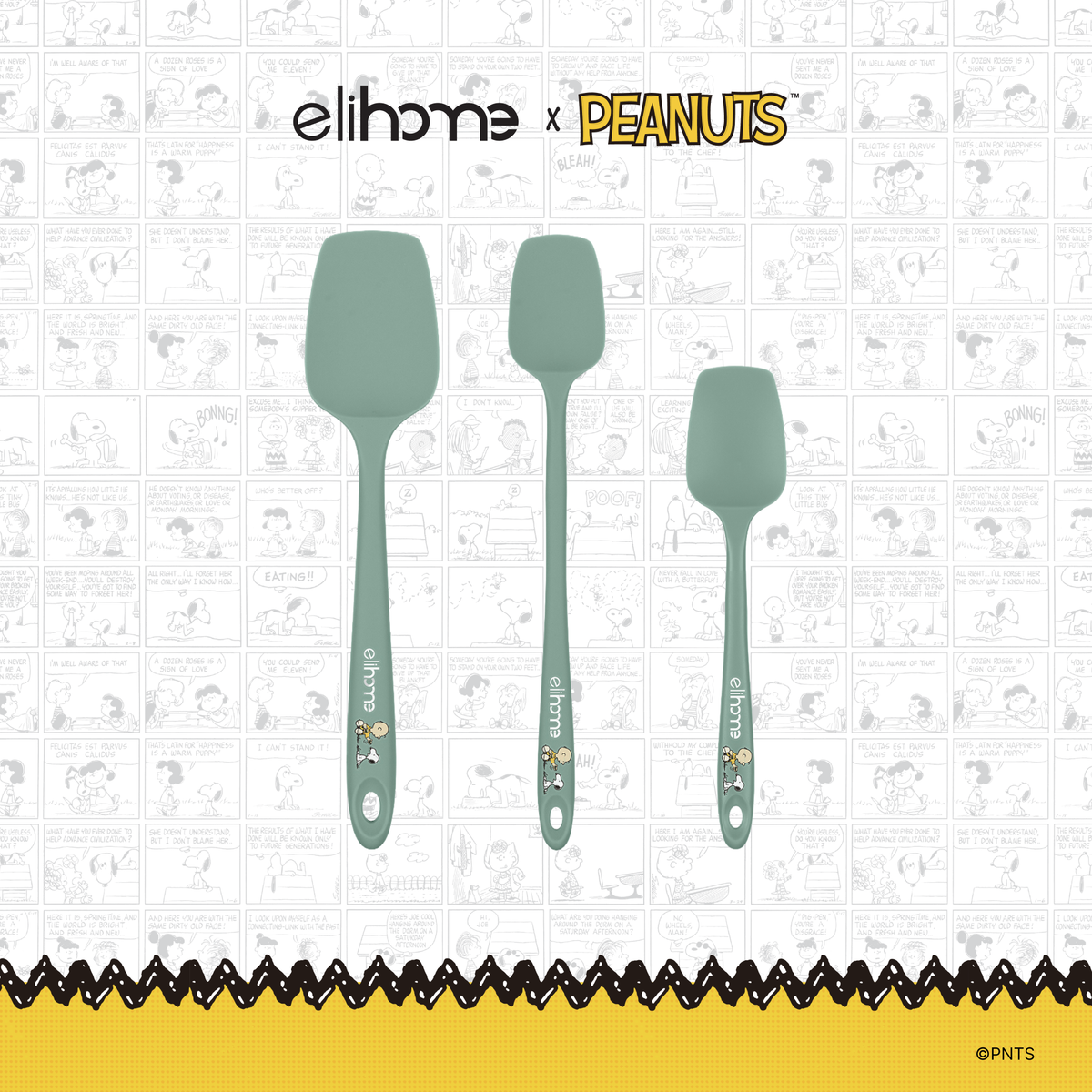 Elihome x Peanuts 3 Piece Silicone Spoonula Set with Classic, Skinny and Mini spoonulas in Sage Green with official Snoopy artwork on the handle