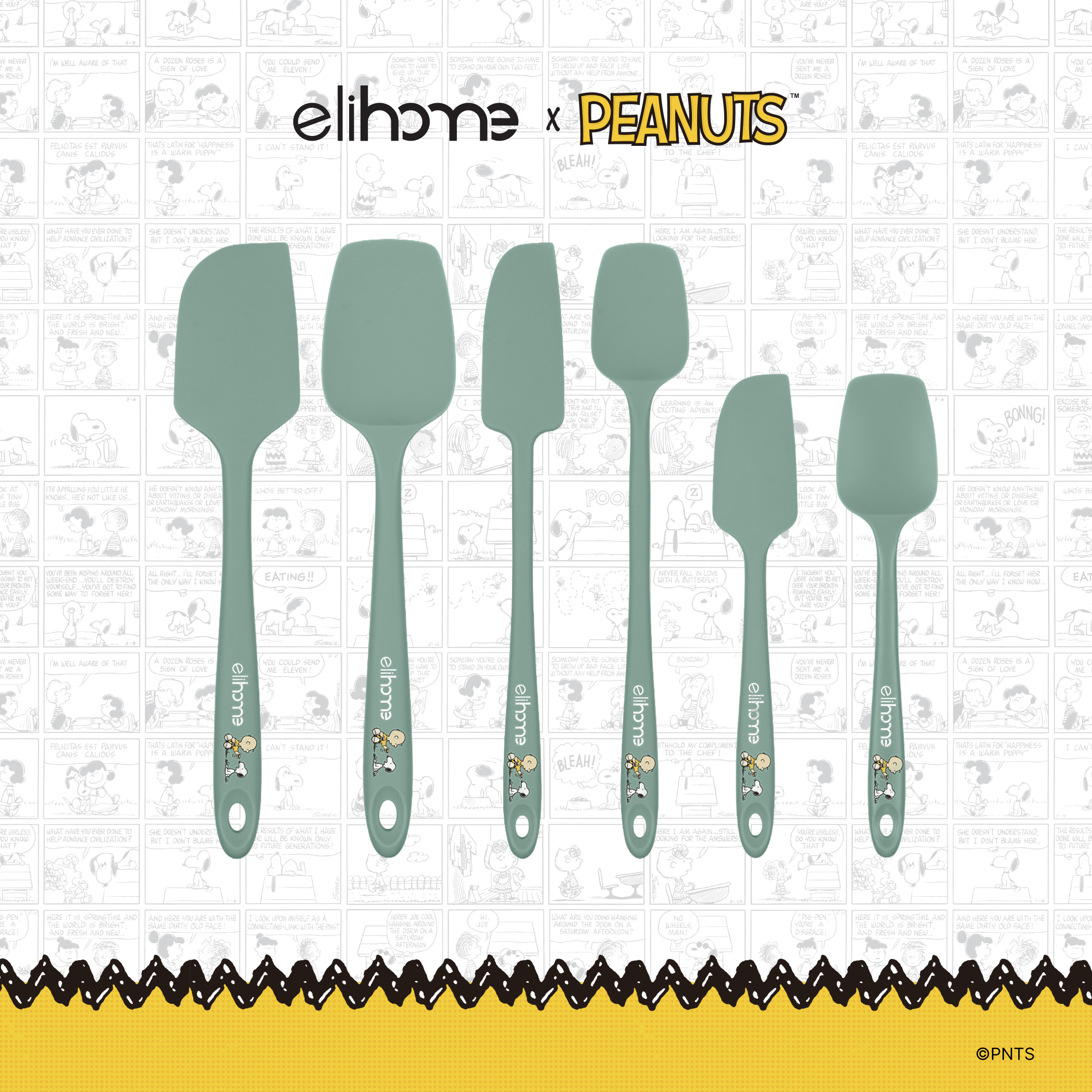 Elihome x Peanuts 6 Piece Silicone Spatula Set with Classic, Skinny and Mini spatulas and spoonulas in Sage Green with official Snoopy artwork on the handle