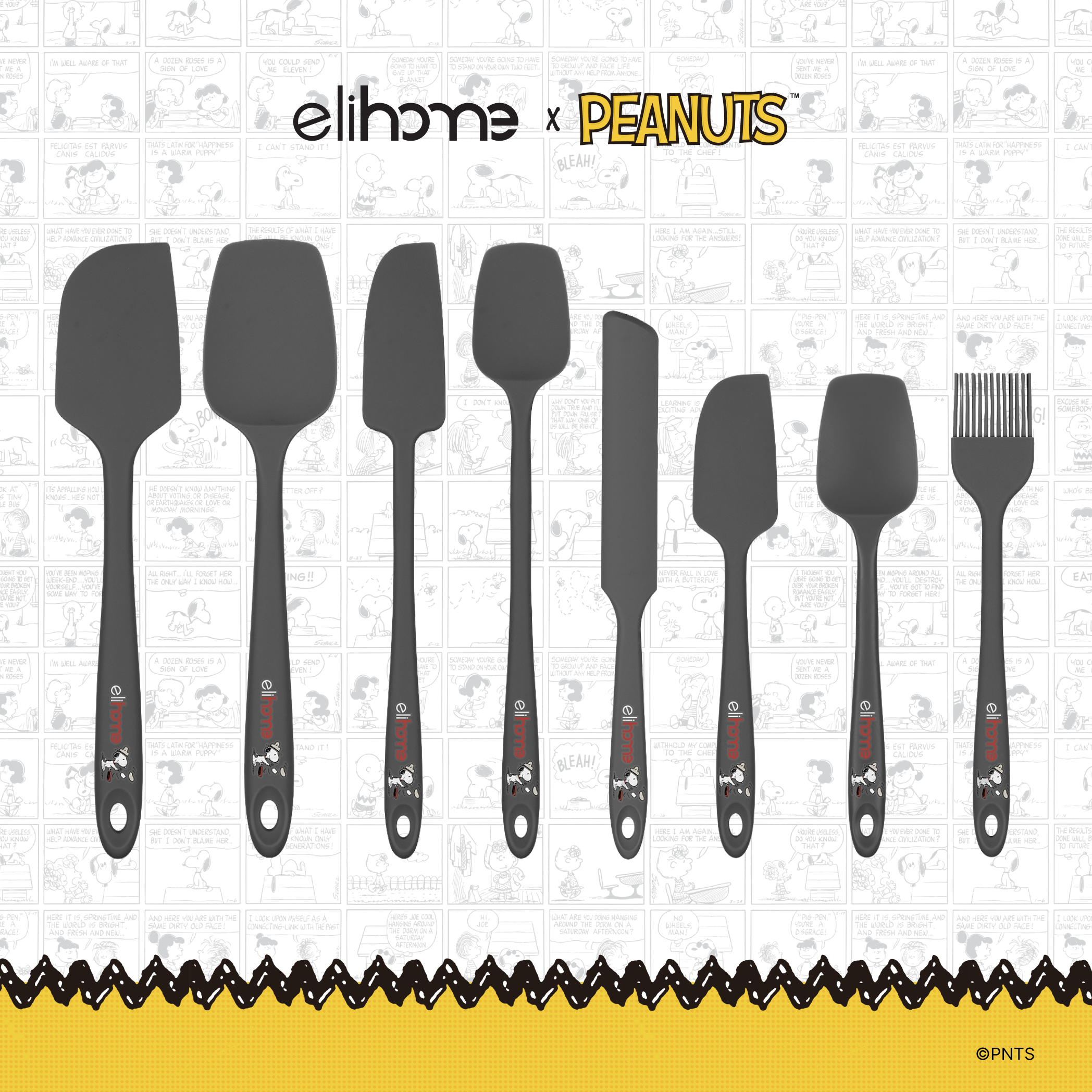 Elihome x Peanuts 8 Piece Silicone Spatula Set with six spatulas and spoonulas, a spreader and a basting brush in Grey with official Snoopy artwork on the handle